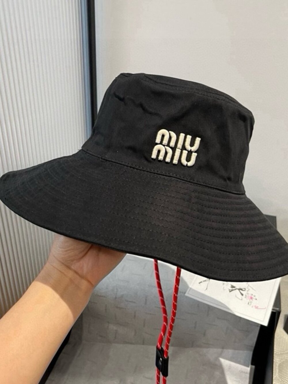 Miu Miu Black Canvas Bucket Hat Cream Embroidered Logo Red Wind Drawstring Sun H